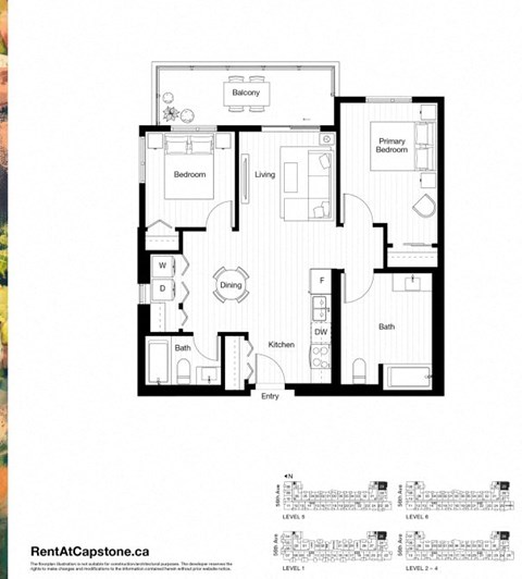 A black and white image of a floor plan for a two-bedroom apartment.